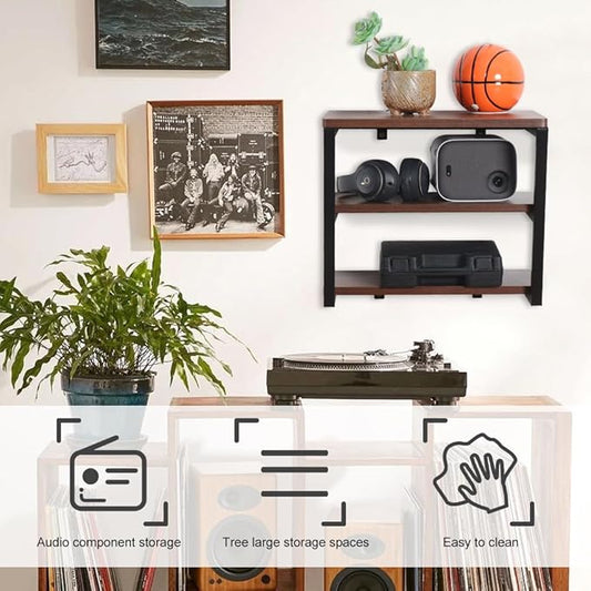 LUCKUP Floating Wall Shelves Wall Mounted Projector Shelf Wood AVMedia Stand with 3 Shelves, Entertainment Center with Strengthened Metal Steel Frame