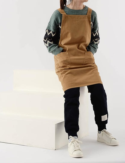 Japanese Cotton Linen Cross Back Apron with Pockets,Fashion Pinafore Dress for Gardening Painting Cleaning Cooking