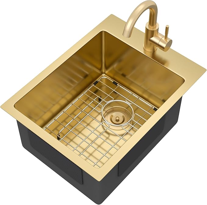 15 x 20 Inch Gold Drop In Bar Sink with Faucet, 16 Gauge 304 Stainless Steel Single Bowl Sink with Gold Finish for Kitchen Bars, RV, and Boat #TLT-0031