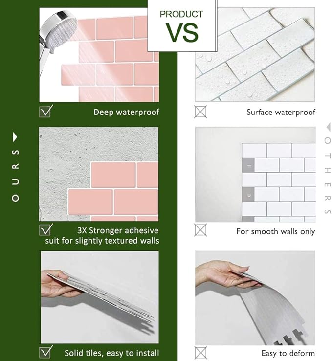 STICKGOO 10-Sheet Pink Subway Tiles Peel and Stick Backsplash, Stick on Tiles Kitchen Backsplash (Thicker Design)