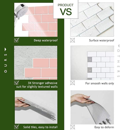 STICKGOO 10-Sheet Pink Subway Tiles Peel and Stick Backsplash, Stick on Tiles Kitchen Backsplash (Thicker Design)