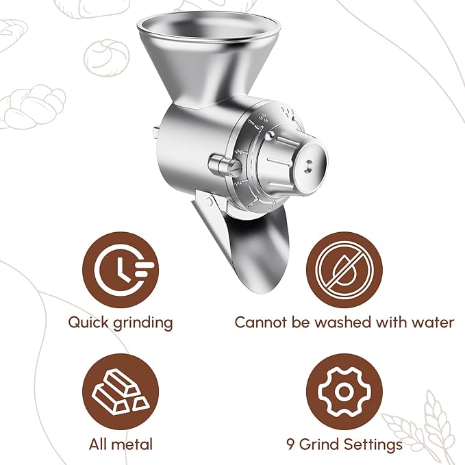 HOZODO Grain Mill Attachment for KitchenAid Stand Mixer, All Metal 9 Levels Flour Mill for KitchenAid, Suitable for Fully Dried Low-Moisture, Low-Oil Grains, Grain Corn, Millet, Wheat