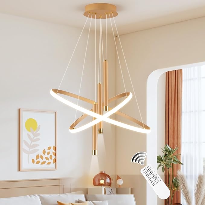 ORANOOR LED Gold Modern Chandeliers for Dining Room Bedrooms Living Room, Dimmable 24in 5250lm Kitchen Pendant Lamp Dining Room Light Fixtures Ceiling Hanging Over Table, 2 Ring Round Chandeliers