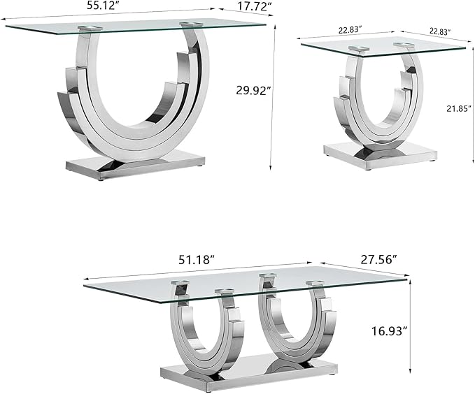 HomVent Glass Coffee Table Set of 3, 1 End Tables and 1 Console Table Living Room Set, 3 Piece Modern Silver Tempered Glass Top Side Tables Bedroom Set of 3 Rectangle Dinner Bedside Sets for Bedroom