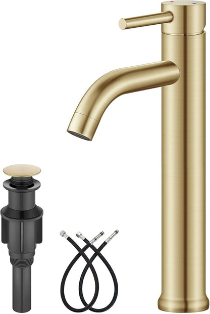 Aolemi Vessel Sink Faucet – SUS304 Stainless Steel Tall Bathroom Faucet,Single Lever Handle,1 Hole Bathroom Faucets with Supply Lines and Pop Up Drain,Brushed Gold