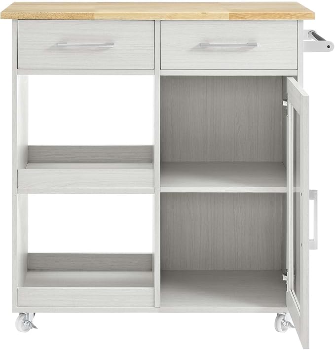 Modway Culinary Rolling Kitchen Cart with Storage in White Natural - 3 Tiers Kitchen Island on Wheels with Towel Bar, Functional as a Coffee Station, Bar Cabinet or Butcher Block Island