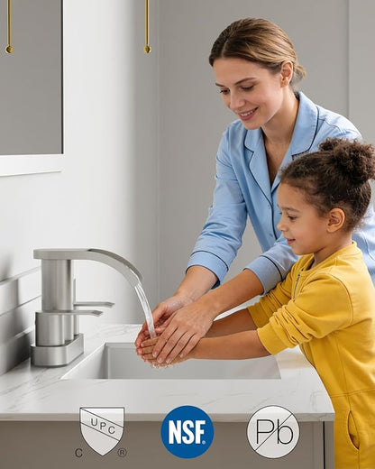 gotonovo 4 Inch Centerset Waterfall Bathroom Sink Faucet Deck Mount 2 Handle Basin Faucets 2 or 3 Hole with Pop Up Drain Included Lavatory Modern Mixer Tap Vanity Faucet Brushed Nickel
