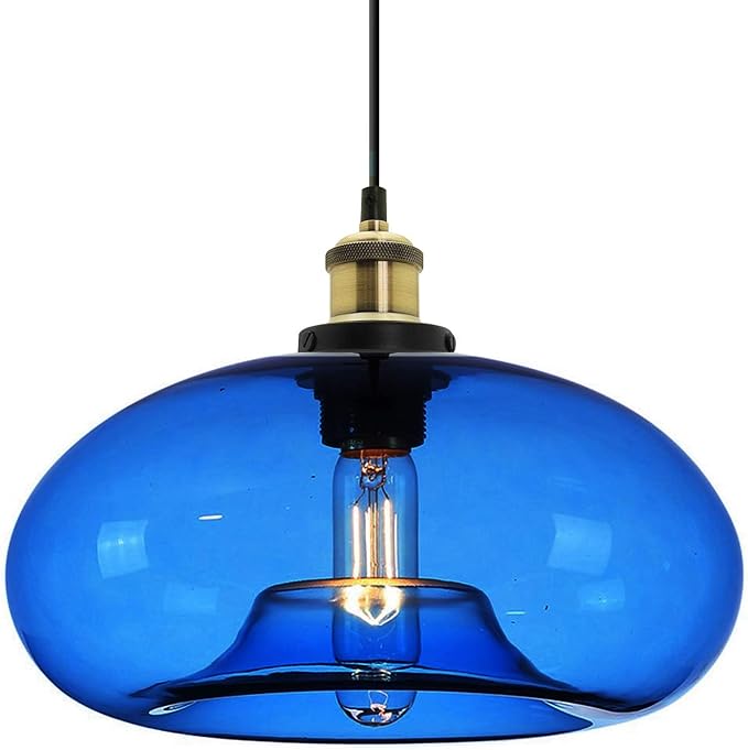 11" Dark Blue Glass Pendant Light Industrial Vintage Design Suitable for Kitchen Island Bedroom Dining Room Adjustable Height E26 Bulb Compatible (Dark Blue)