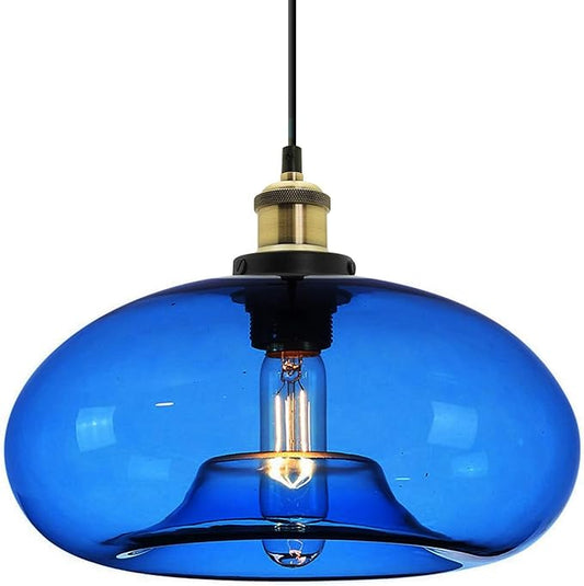 11" Dark Blue Glass Pendant Light Industrial Vintage Design Suitable for Kitchen Island Bedroom Dining Room Adjustable Height E26 Bulb Compatible (Dark Blue)