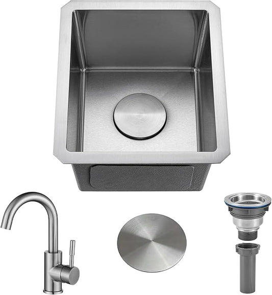 13 Inch Bar Sink Undermount 13x15 Kitchen Single Bowl Stainless Steel Small Sink Modern RV Sinks with Faucet Combo