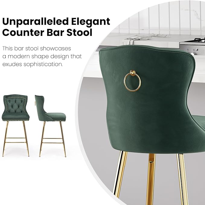 Stools Set of 2, Velvet Counter Height with Metal Legs, Button Tufted and Nailheads Trim, Wing-Back Chairs for Kitchen Island Dining Room Pub, Green