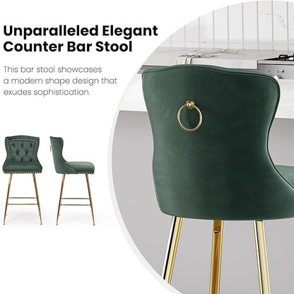 Stools Set of 2, Velvet Counter Height with Metal Legs, Button Tufted and Nailheads Trim, Wing-Back Chairs for Kitchen Island Dining Room Pub, Green