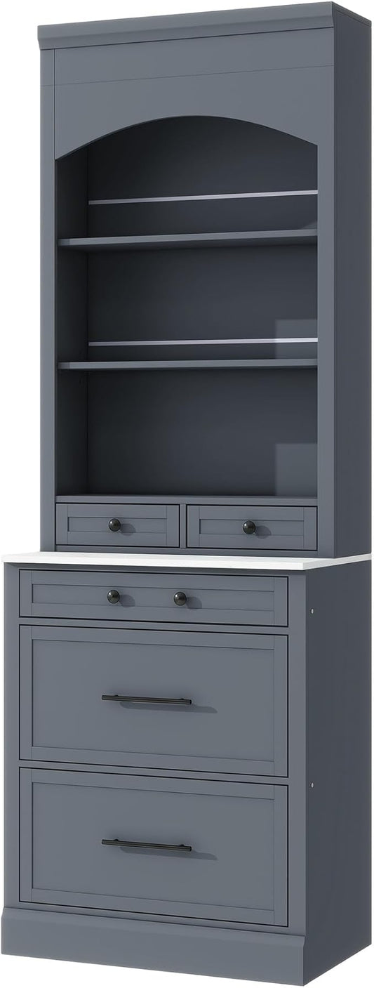Modern 83.7inch High Kitchen Pantry Freestanding Tall Hutch with Faux Marble Top Display Cupboard with 5 Storage Drawers Practical(Gray)