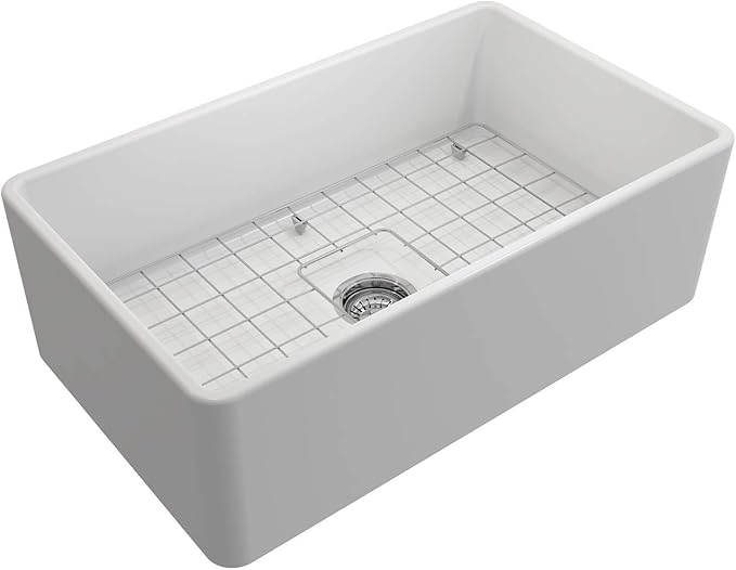 BOCCHI Classico Farmhouse Apron Front Fireclay 30 in. Single Bowl Kitchen Sink with Protective Bottom Grid and Strainer in Matte White