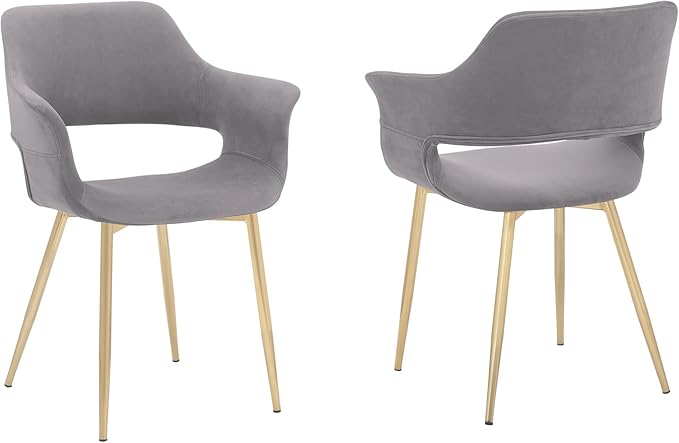 Armen Living Gigi Grey Velvet Dining Room Chair with Gold Metal Legs - Set of 2
