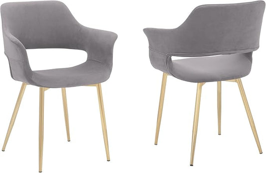 Armen Living Gigi Grey Velvet Dining Room Chair with Gold Metal Legs - Set of 2
