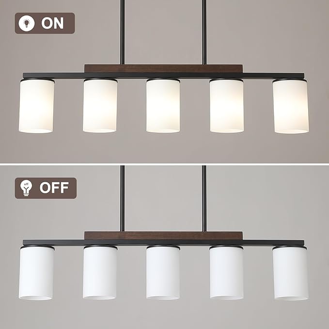 Mecgirn Farmhouse Dining Room Light Fixtures Over Table, Black Pendant Lights for Kitchen Island with Milk Glass Shade, 5 Light Linear Chandelier Lighting with Wood