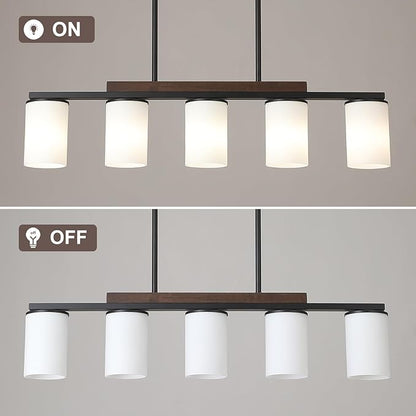 Mecgirn Farmhouse Dining Room Light Fixtures Over Table, Black Pendant Lights for Kitchen Island with Milk Glass Shade, 5 Light Linear Chandelier Lighting with Wood