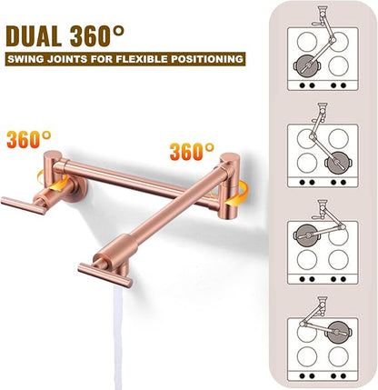 WOWOW Pot Filler Faucet Copper, Brass Pot Filler Wall Mount Kitchen Stove Faucet with Double Joint Swing Arms