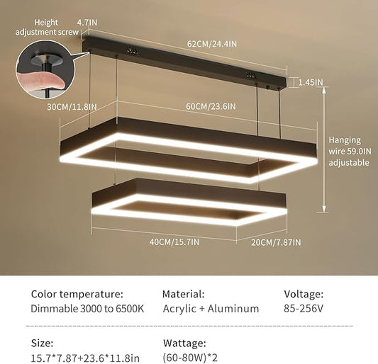 Modern Pendant Light Fixture, LED Black Chandelier for Kitchen Island, 2 Layer Rectangle Adjustable Height, Dimmable 3000K-6500K Ceiling Hanging Light for Dining Room Table, Bedroom, Living Room