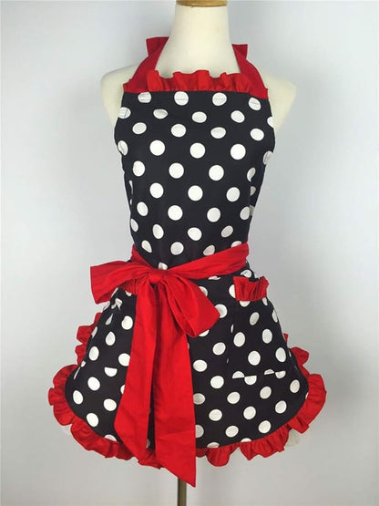 Hyzrz Cute Apron Retro Black Polka Dot Retro Ruffle Side Vintage Cooking Aprons with Pockets for Women Girls (Side Red)