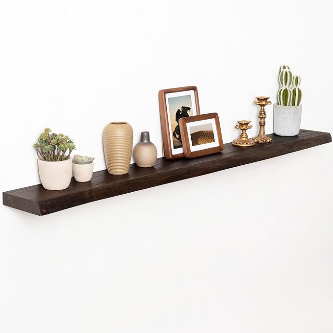 55 Inch Long Floating Shelves for Wall, Live Edge Floating Shelf Wall-Mounted for Bedroom Kitchen Living Room, Real Solid Elm Wood Wall Shelf with Heavy-Duty Bracket for Books Decor Storage, Walnut