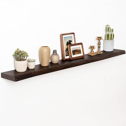 55 Inch Long Floating Shelves for Wall, Live Edge Floating Shelf Wall-Mounted for Bedroom Kitchen Living Room, Real Solid Elm Wood Wall Shelf with Heavy-Duty Bracket for Books Decor Storage, Walnut
