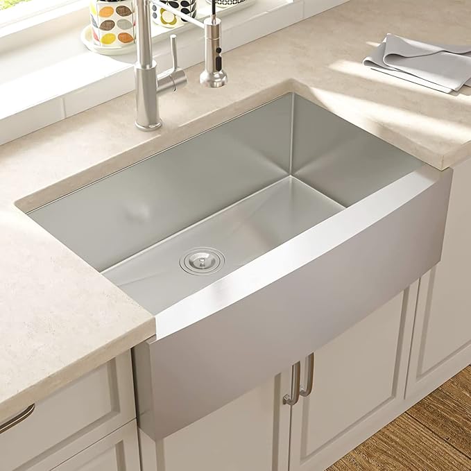 Lordear 33 Inch Farmhouse Kitchen Sink Apron Front 16 Gauge Stainless Steel Single bowl Farmer Sink Single Basin Round Corners 33X21X10 Farm Sinks