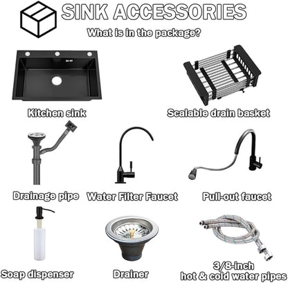 28.3 * 17.7in Drop In Kitchen Sink,Black Stainless Steel Single Bowl Sink,Topmount Workstation Sink With Pull Out Faucet,Soap Dispenser And Drain Basket