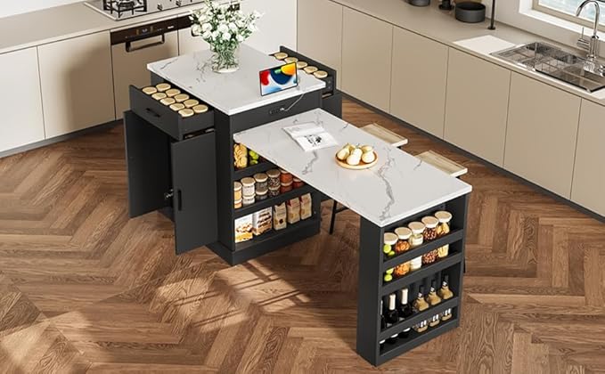 Kitchen Island Console with Storage, White and Natural Wood Top, Extendable Dining Table with Drawers and Shelves, 80.7 x 33.4 x 35.3 Inches (Black)