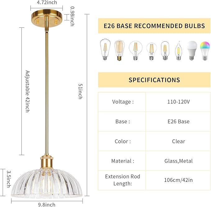 JYO 10" Gold Pendant Light, Vintage Single Pendant Light Fixtur with Ribbed Glass, Pendant Light for Kitchen Island Bedroom Hotel Living Room