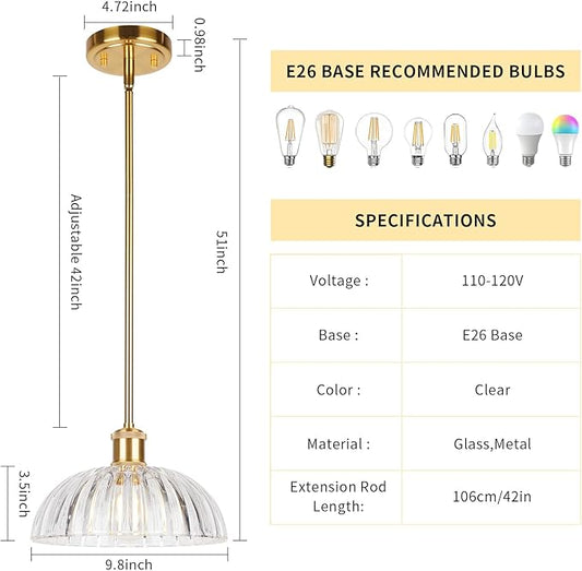 JYO 10" Gold Pendant Light, Vintage Single Pendant Light Fixtur with Ribbed Glass, Pendant Light for Kitchen Island Bedroom Hotel Living Room