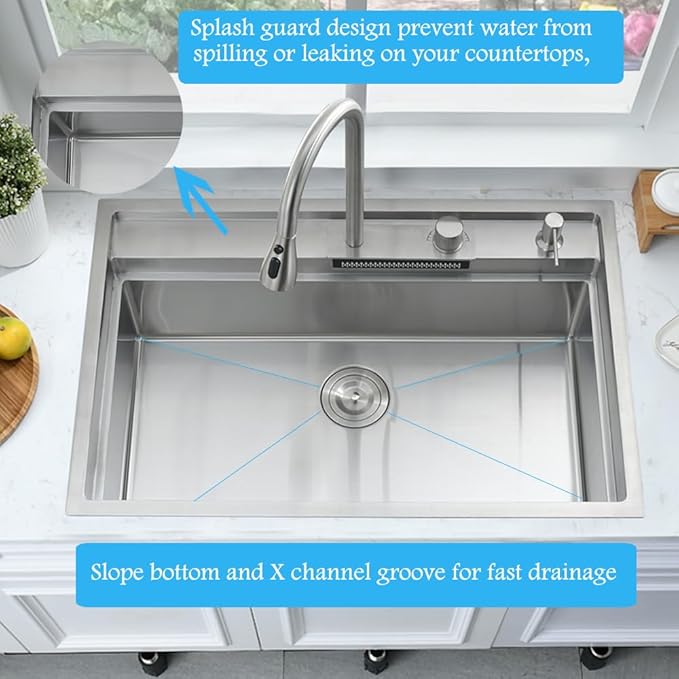 33 Inch Drop In Waterfall Kitchen Sink Workstation-Bokaiya 33x19 Drop In Kitchen Sink with Faucet Combo Stainless Steel Top Mount 16 Gauge 10" Deep Single Bowl Waterfall Sink with Soap Dispenser
