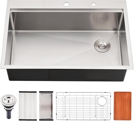 30 Inch Drop in Kitchen Sink, 30x22 Single Bowl Drop in Sink Kitchen Topmount Workstation 16 Gauge Stainless Steel Sink Deep Basin with Offset Drain