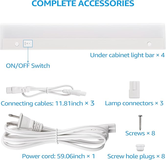TORCHSTAR Plug in Under Cabinet Lighting, ETL Listed Linkable LED Under Cabinet Light Kit, Individual Control, 12 Inch, 3000K Warm White, 6W, Pack of 4