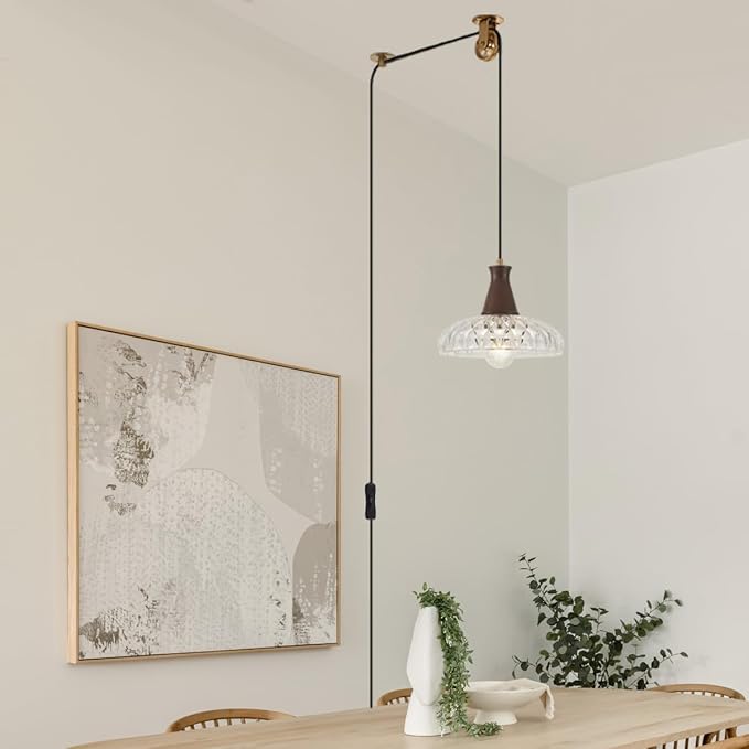 YLONG-ZS Hanging Lamp Plug in,Hanging Lights with Plug in Cord Glass Modern Pulley Walnut Color Wood Plug in Pendant Lights Vintage for Kitchen Island,Living Room,Bedroom,Dining Room,Corner