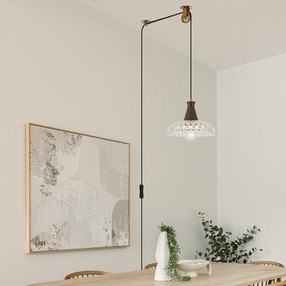 YLONG-ZS Hanging Lamp Plug in,Hanging Lights with Plug in Cord Glass Modern Pulley Walnut Color Wood Plug in Pendant Lights Vintage for Kitchen Island,Living Room,Bedroom,Dining Room,Corner