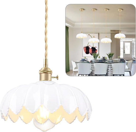 Mid Century Modern Pendant Light Nordic White Chandelier with Hand Blown Flower Glass Shade Brass Adjustable Height Dining Table Pendant Lamp with Switch for Kitchen Island Dining Room Hotel