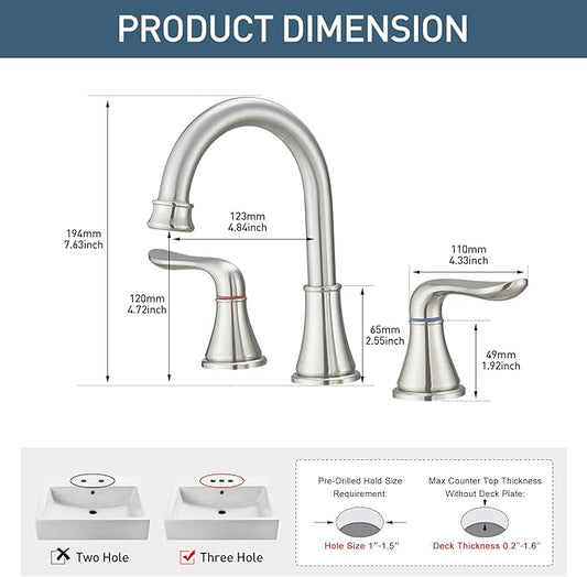 GENBONS Widespread Bathroom Faucets 3 Hole Brushed Nickel 8 Inch Faucet for Bathroom Sink Vanity RV Farmhouse Double Handles 3 Piece Faucets with Pop Up Drain