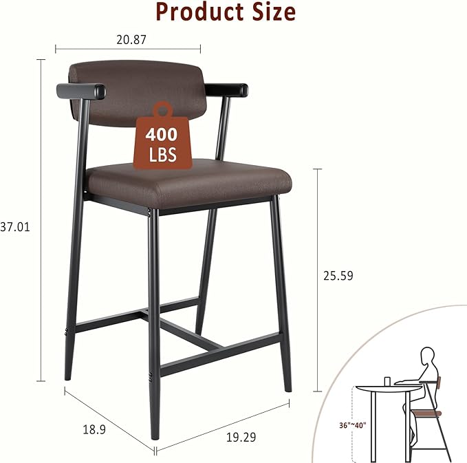 GarveeHome Bar Stools Set of 8 with Arms, 26" Modern 8pcs Counter Height Metal Barstools Set with Back & Footrest, Upholstered Wider Seat, Sturdy Frame, for Counter Bar, Kitchen Island, Retro Brown