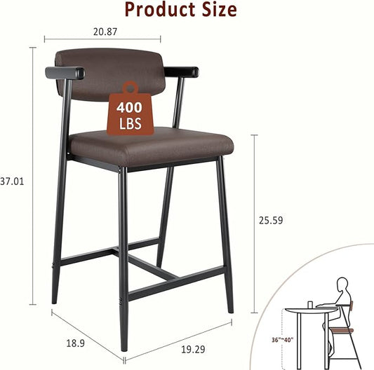 GarveeHome Bar Stools Set of 8 with Arms, 26" Modern 8pcs Counter Height Metal Barstools Set with Back & Footrest, Upholstered Wider Seat, Sturdy Frame, for Counter Bar, Kitchen Island, Retro Brown