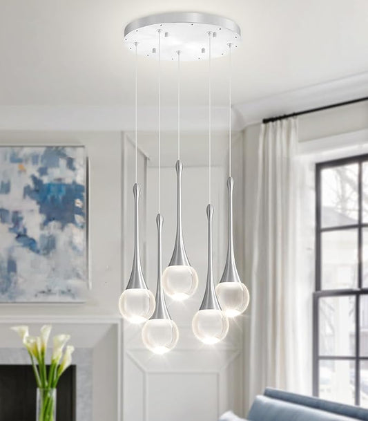 Crystal Chandelier for Dining Room Glam 5 Light Cluster Crystal Pendant Light Dimmable LED Chandeliers for Kitchen Island Living Room Sivler