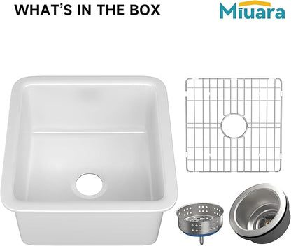 Miuara White Undermount Bar Sink 18 Inch - Small Topmount Kitchen Sink Drop In 18”x18”x9”, Dual Mount Single Bowl, Heavy Duty Solid Fireclay, w 2 Accessories, for Kitchen, Laundry, Powder, Outdoor