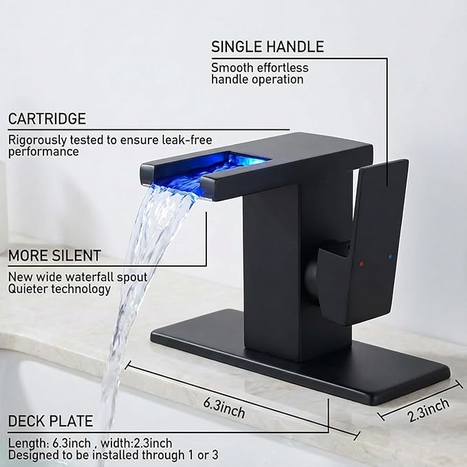 AVSIILE LED Bathroom Sink Faucet, Matte Black Waterfall Single Hole Handle Vanity Faucets for Sinks 1 Hole with Metal Pop Up Drain and 2 Water Supply Lines, Side Handle