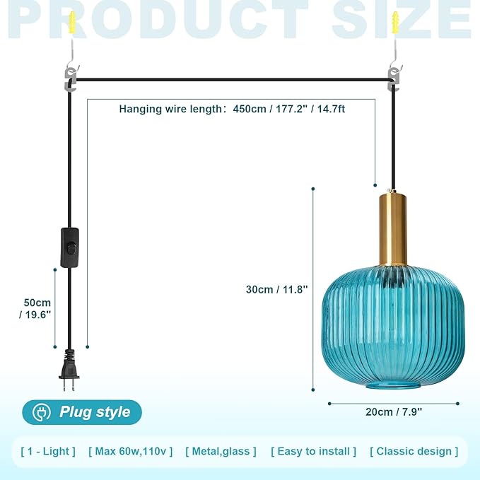 2 Pack Plug in Pendant Light, Blue Ribbed Glass Hanging Light Fixture with 14.76Ft Cord and On/Off Switch, Coastal Hanging Lamp Plug in for Kitchen Dining Room Bedroom Beach House