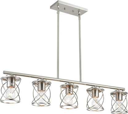 mavcadonf Kitchen Island Light, 5-Light Dining Room Lighting Fixtures Hanging, Farmhouse Linear Pendant Light for Kitchen Island Table Living Room with Adjustable Rods, Brushed Nickel