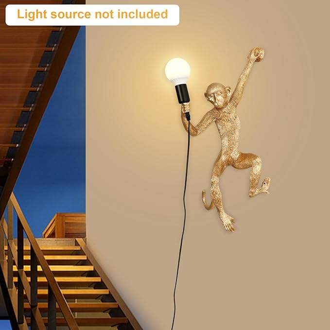 Monkey Wall Lamp, Creative Monkey Shape Plug in Wall Sconces, Resin Retro Indoor Decorative Animal Light Fixture for Bedroom, Living Room, Childrens Room and Home Decoration