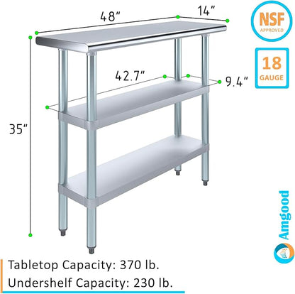 Stainless Steel Work Table with 2 Shelves | Kitchen Island Food Prep | Laundry Garage Utility Bench | NSF Certified (48" Long x 14" Deep)