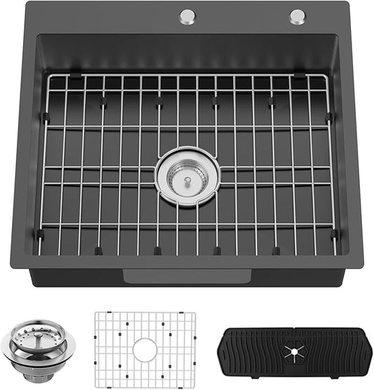 Black Kitchen Sink, 25x22x6 Inch Low Height Design Single Bowl Stainless Steel Drop In Kitchen Sink Come With Accessories Ensure Individuals With Limited Mobility Easily Accessing And Using