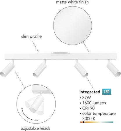 Globe Electric 64000120 28" 4-Light LED Integrated Track Lighting, Matte White, Adjustable Pivoting Track Heads, 37W, 1600 Lumens, 3000 Kelvin, Dimmer Switch Compatible, Modern Ceiling Fixture